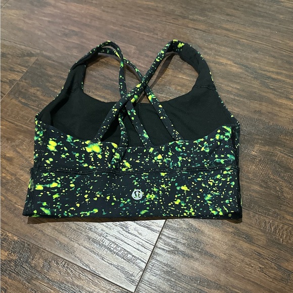 lululemon athletica Women's Black, Neon Green & Yellow Splatter Sports Bra Sz 2 - Picture 2 of 6